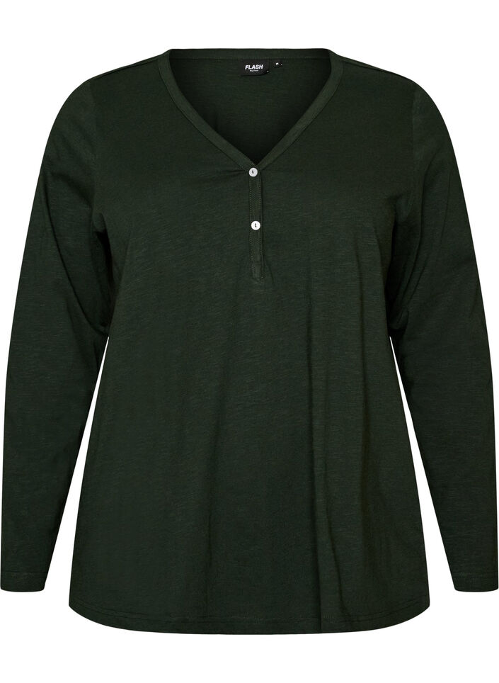 Lang&aelig;rmet t-shirt med V-hals og knapper, Gr&oslash;n, Packshot image number 0