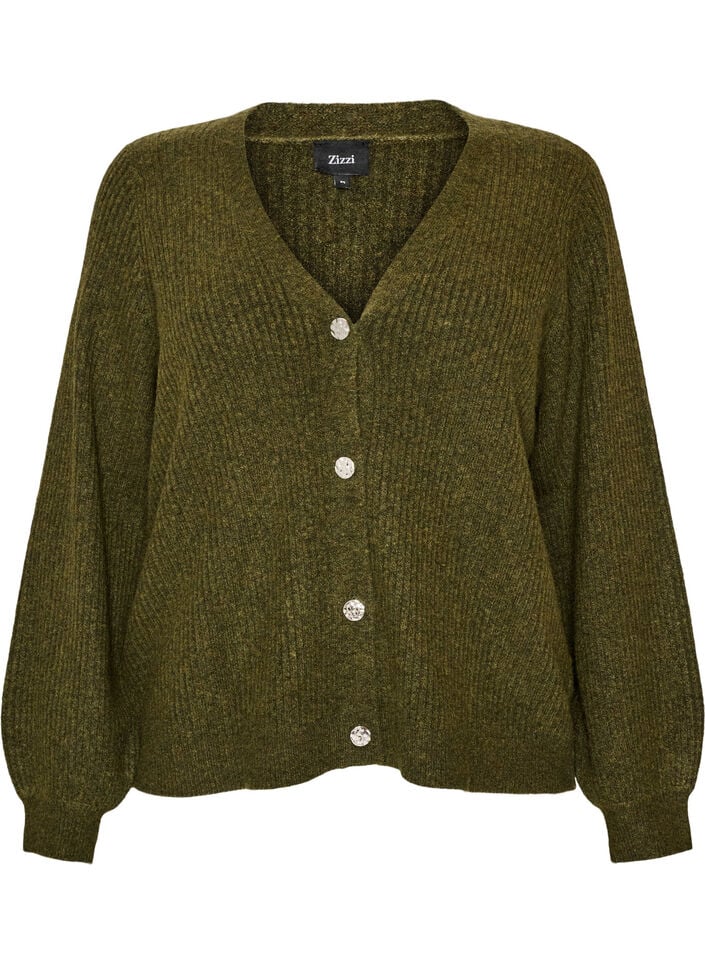 Cardigan med V-hals og ribstruktur, Gr&oslash;n, Packshot image number 0