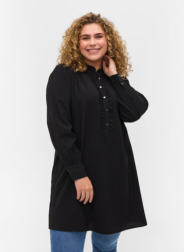 Tunika med knapper og flæsedetaljer , Black, Model image number 0