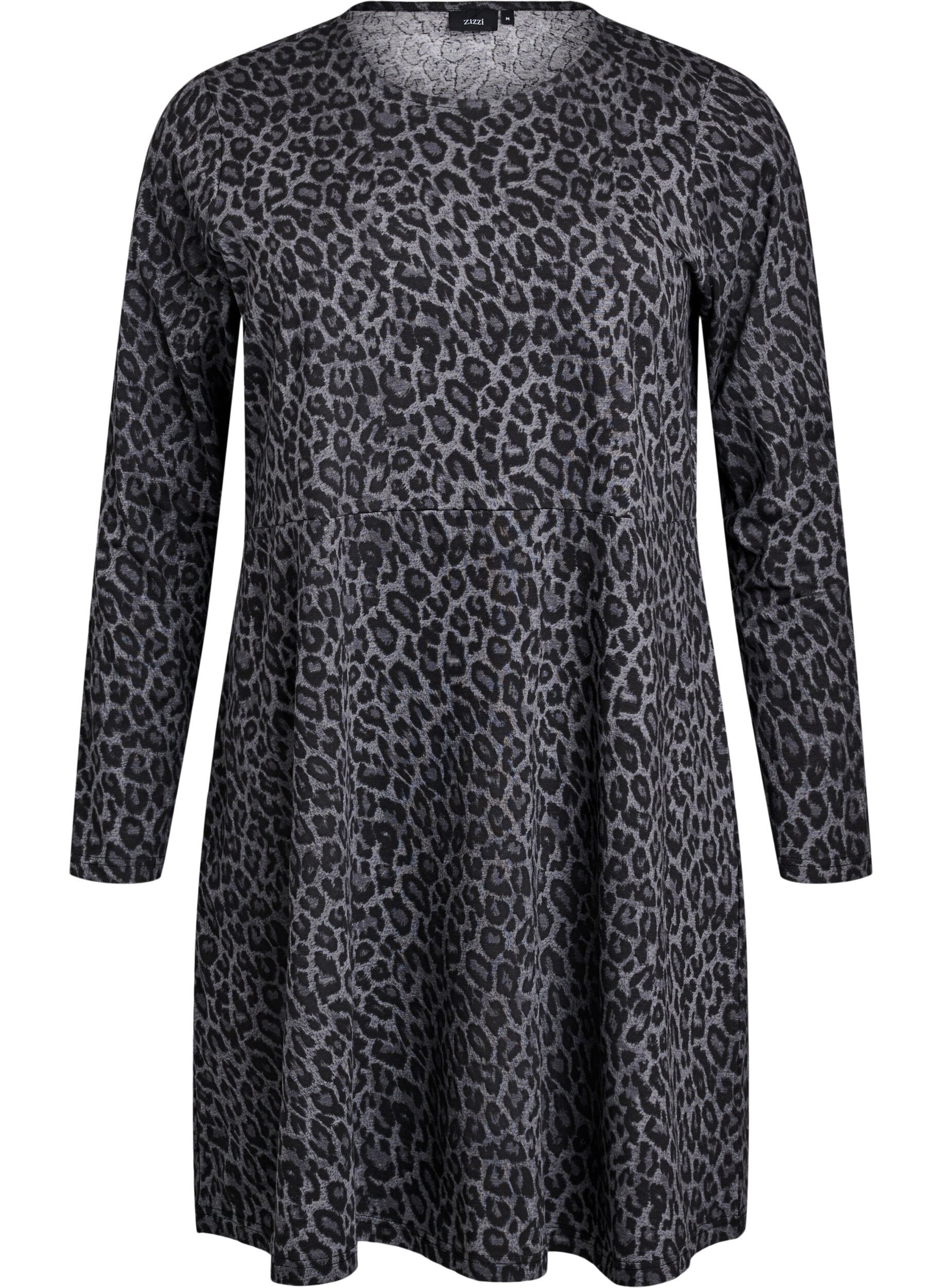 Zizzi Lang&aelig;rmet kjole med rund hals og zebraprint, Dark Grey Leo, Packshot image number 0