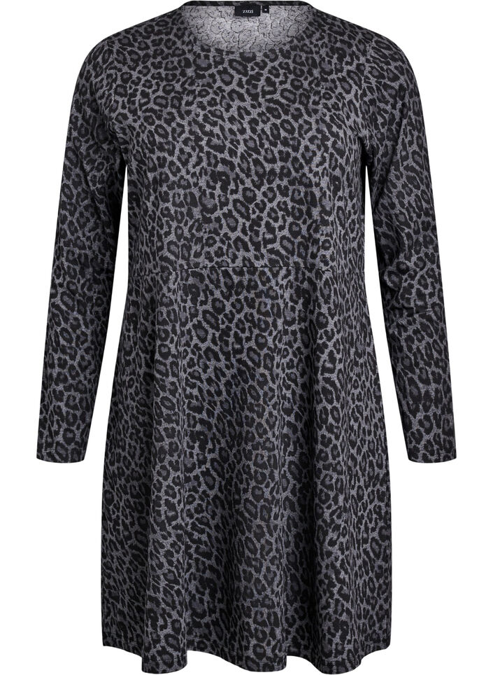 Langærmet kjole med rund hals og leoprint, Dark Grey Leo, Packshot image number 0