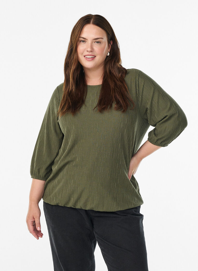 Bluse med struktur og 3/4 &aelig;rmer, Gr&oslash;n, Model image number 0