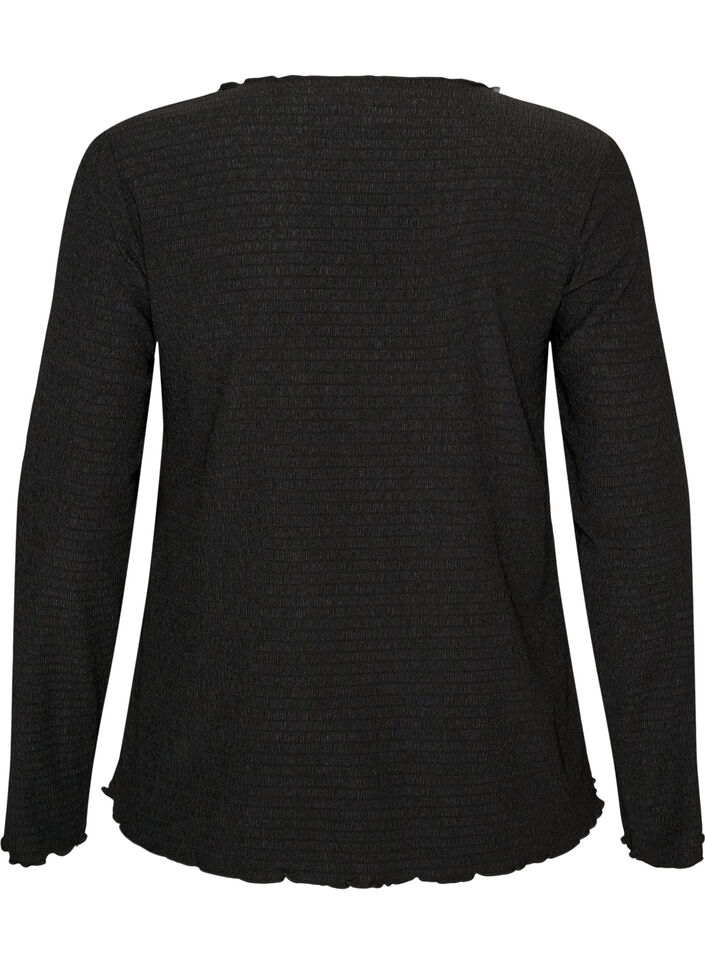 Bluse med struktur og b&oslash;lgede kanter, Sort, Packshot image number 1