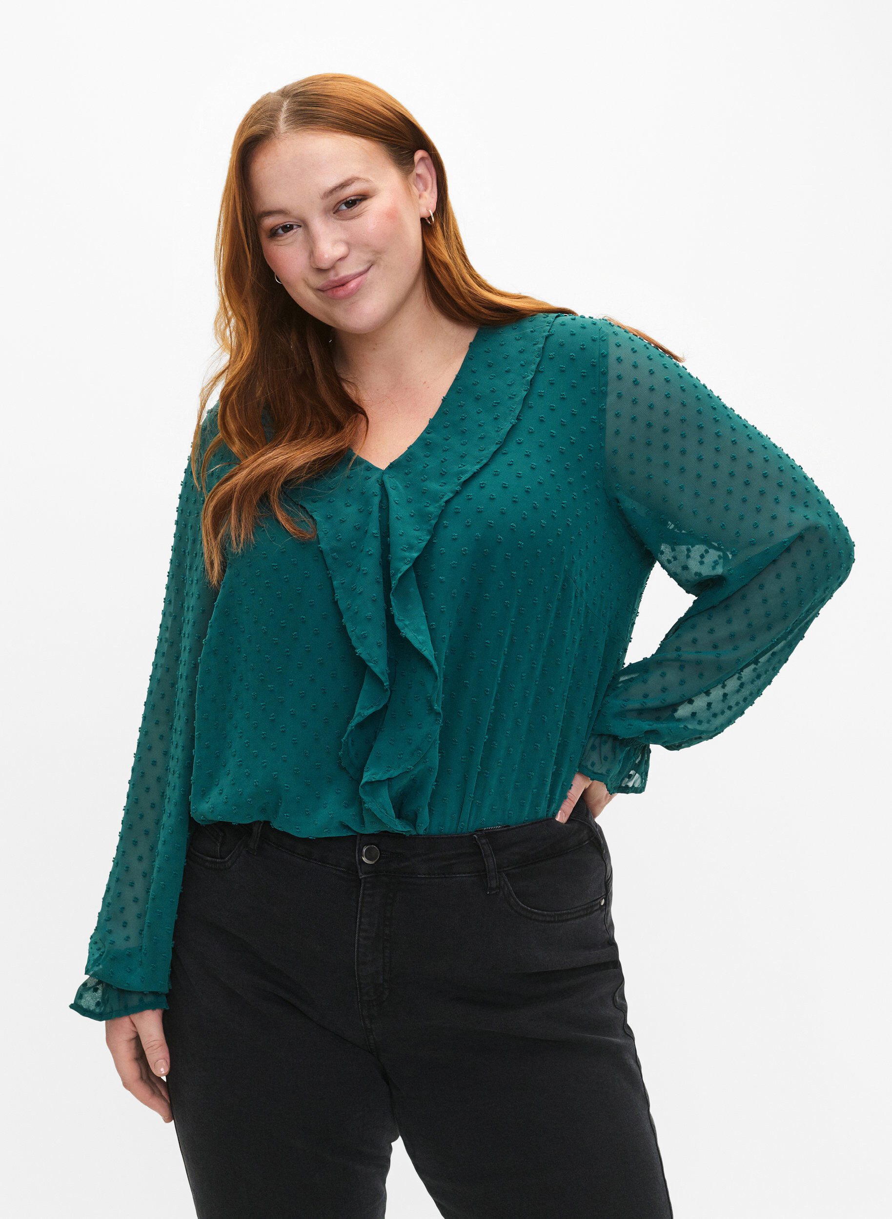 Zizzi Bluse med fl&aelig;ser og prikket tekstur, Shaded Spruce, Model image number 0