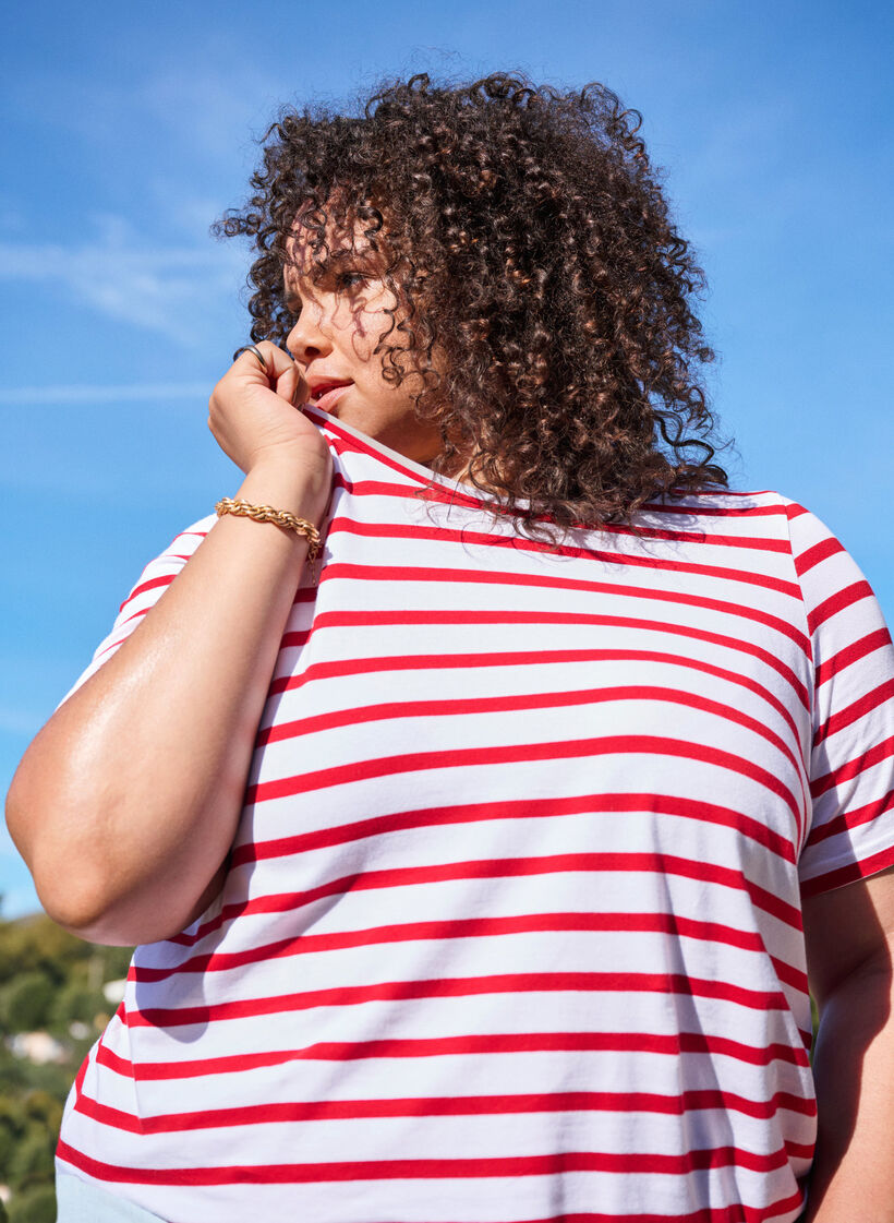 Stribet t-shirt i &oslash;kologisk bomuld, R&oslash;d, Image image number 0