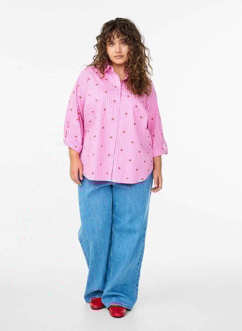 Skjortebluse med striber og hjerter, Lyser&oslash;d, Model image number 1