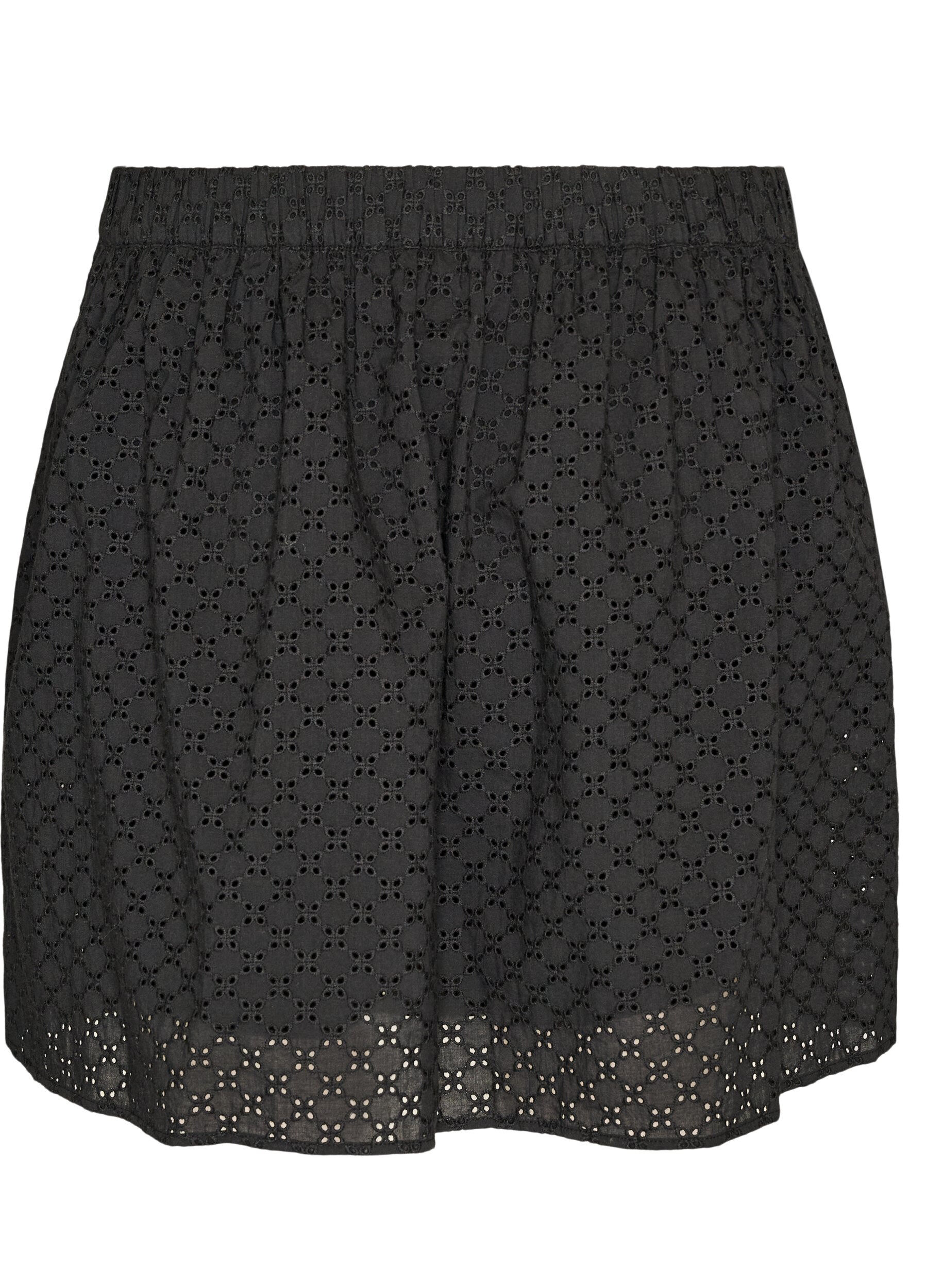 ZizziKort nederdel med broderie anglaise og elastisk talje, Sort, Packshot image number 1