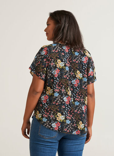 Bluse med korte ærmer, Black flower aop, Model image number 0