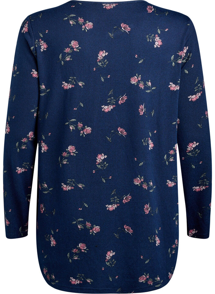 Blomstret bluse med lange ærmer, Blå, Packshot image number 1