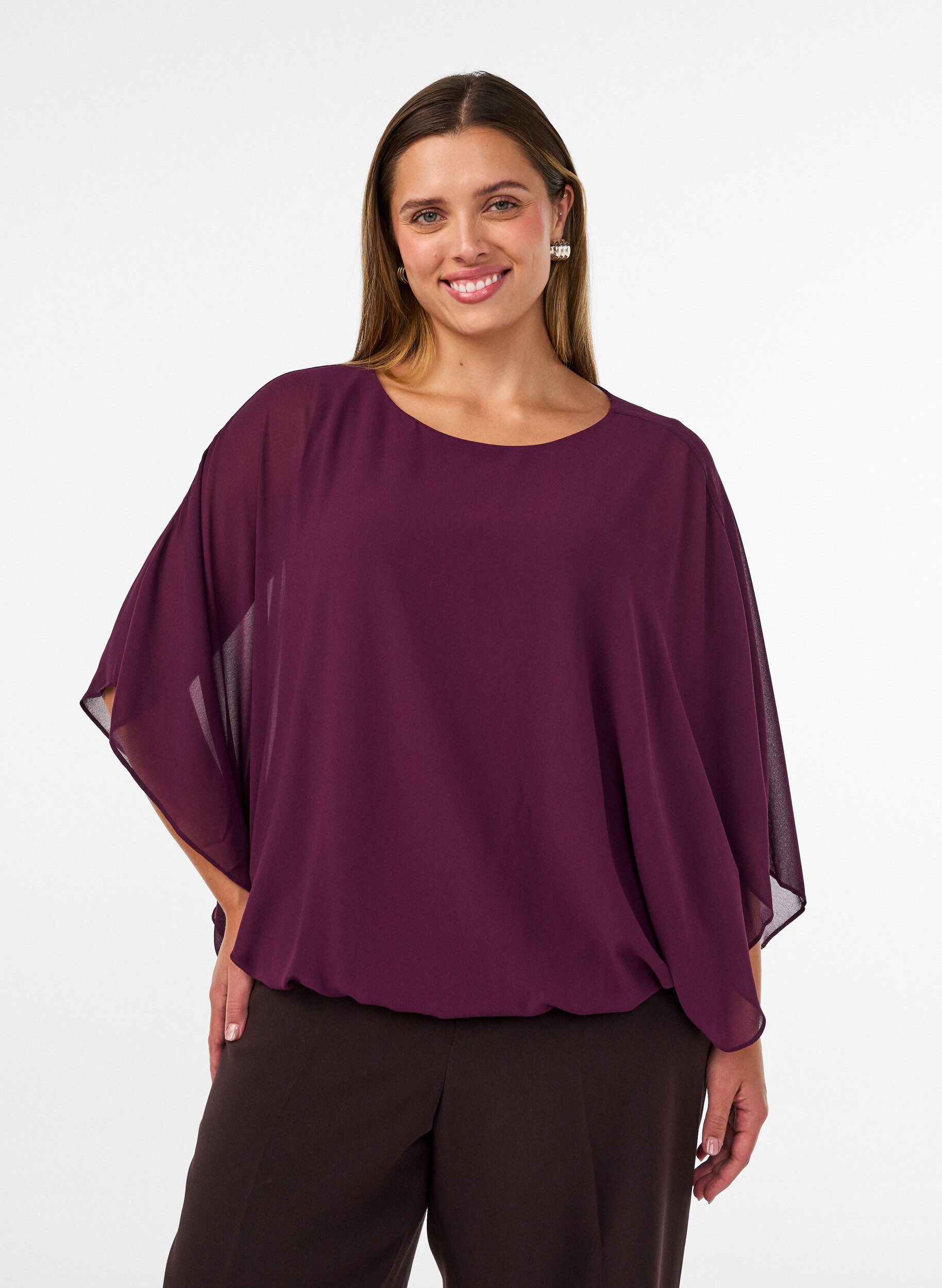 Chiffonbluse med balloneffekt, Lilla, Model