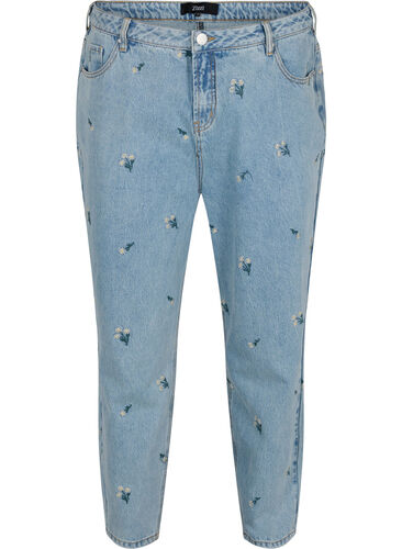 Fil bakke Vores firma Mille mom fit jeans med blomster broderi - Blå - Str. 42-60 - Zizzi