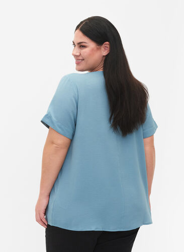 Kortærmet bluse med v-udskæring , Smoke Blue, Model image number 1