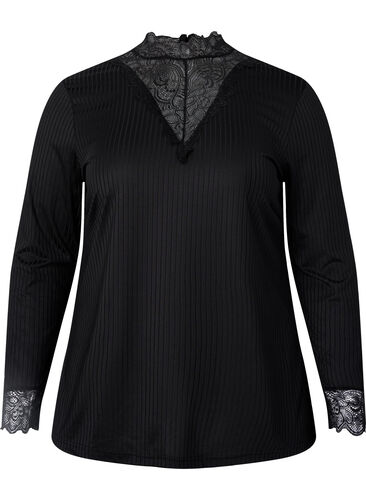 Bluse med blonder og lange ærmer, Black, Packshot image number 0