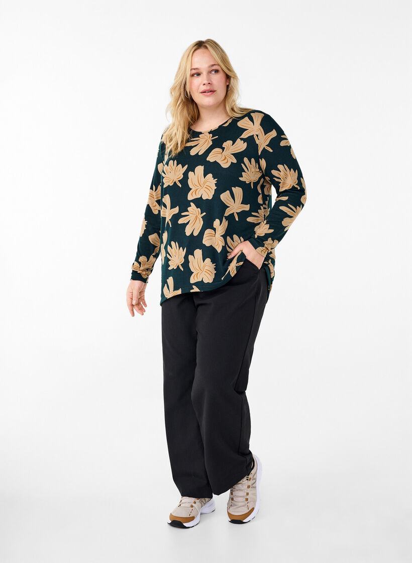 Blomstret bluse med lange ærmer, Grøn, Model image number 1