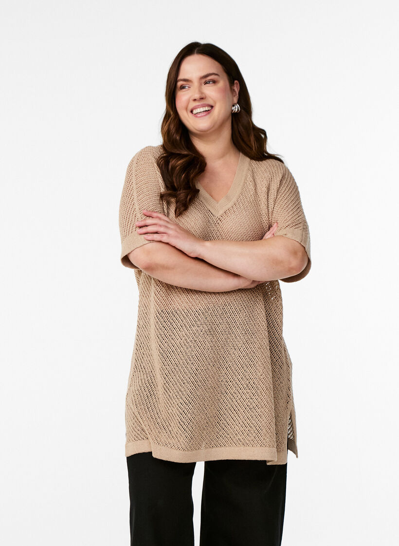 FLASH - Kortærmet strikbluse med v-hals, Beige, Model image number 0