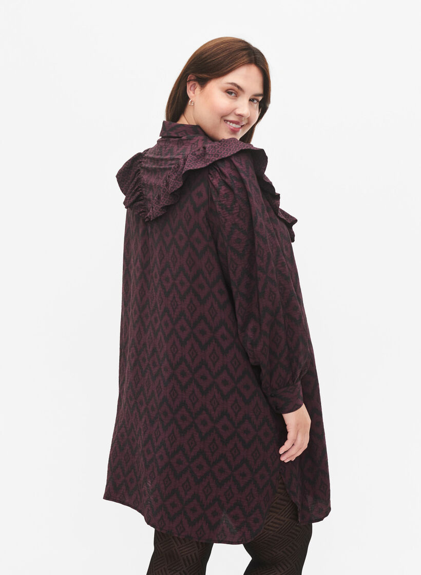 Lang viskose skjorte med print og fl&aelig;ser, Winetasting w. Black, Model image number 1