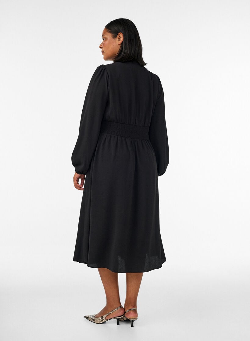 Midikjole med smock og dekorative knapper, Sort, Model image number 1