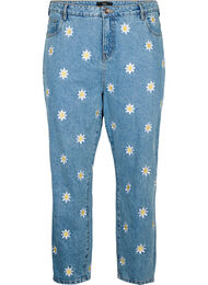 Croppede Mille jeans med broderede blomster, Light Blue Flower