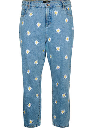 Croppede Mille jeans med broderede blomster, Light Blue Flower, Packshot image number 0