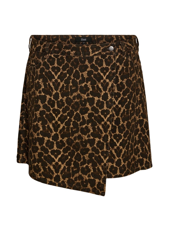 Kort denimnederdel med leopardprint og A-snit, Brun, Packshot image number 0