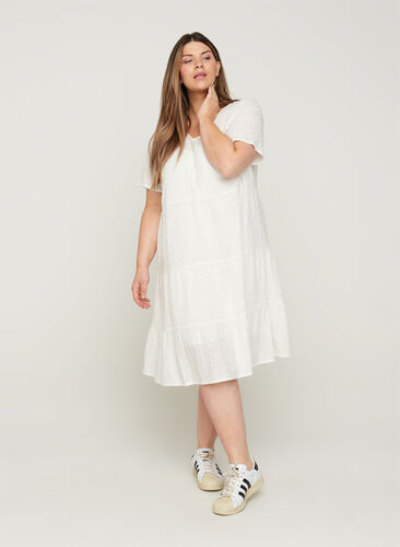 Kortærmet kjole med broderi anglaise, Bright White, Model image number 0
