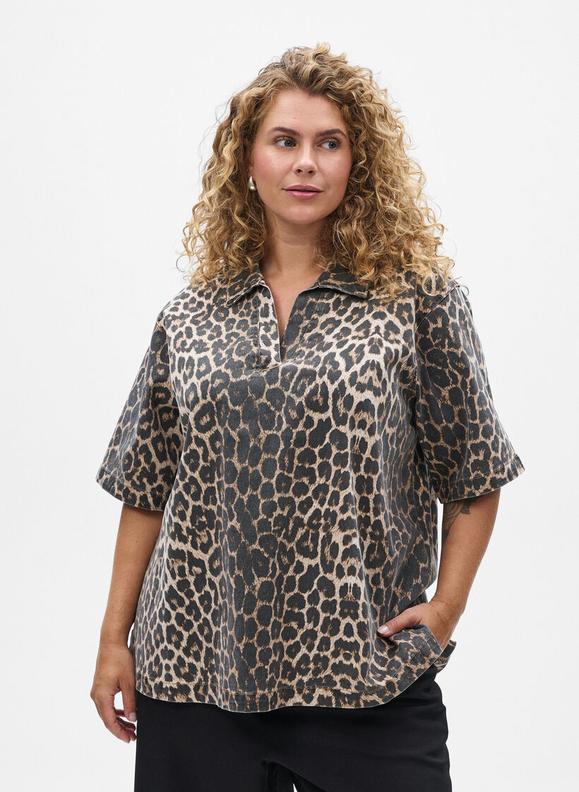 Leopardmønstret denimbluse med krave og 1/2 ærmer, Brun, Model image number 0