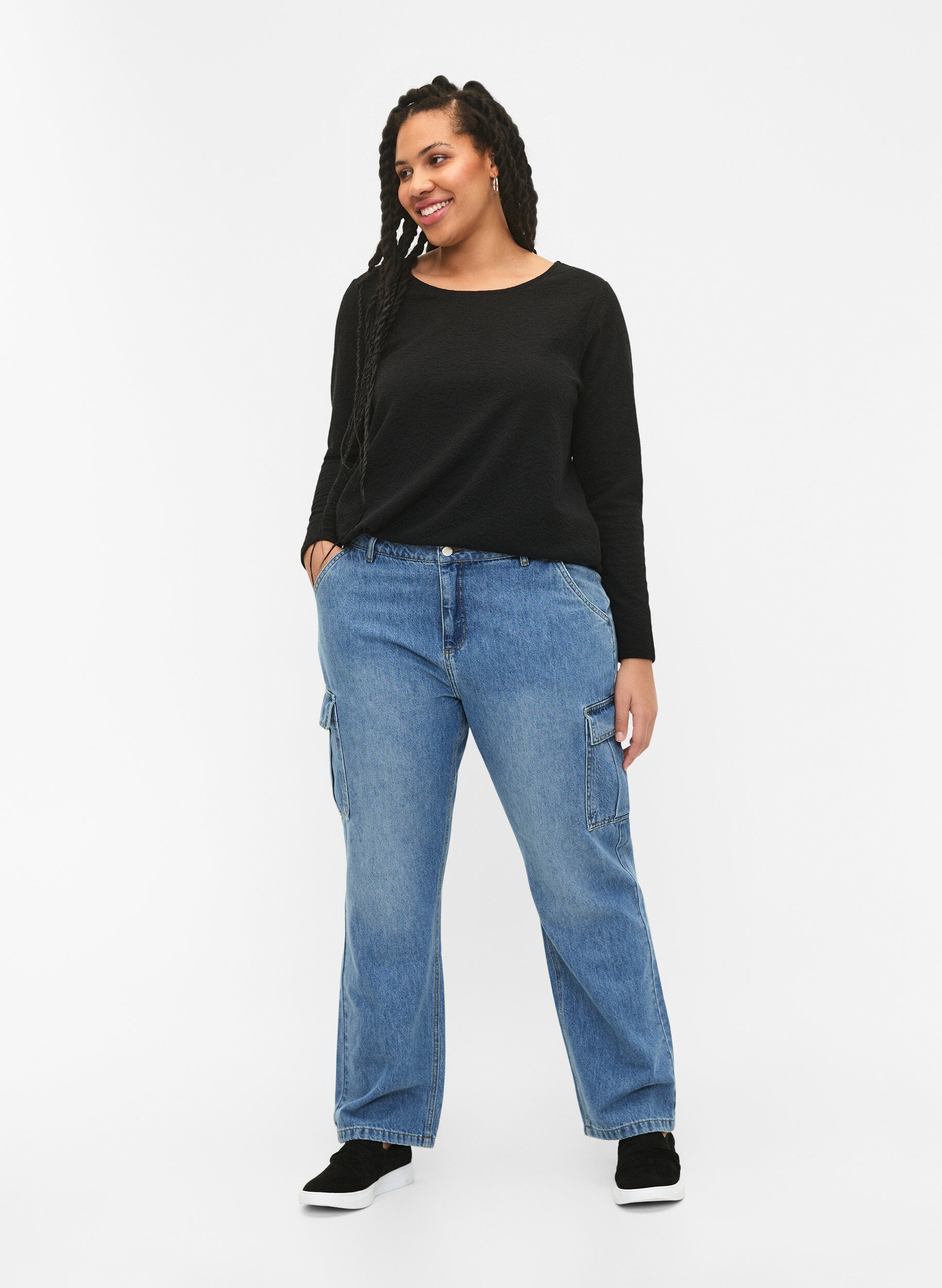 Zizzi Lang&aelig;rmet bluse med tekstur, Sort, Model image number 1