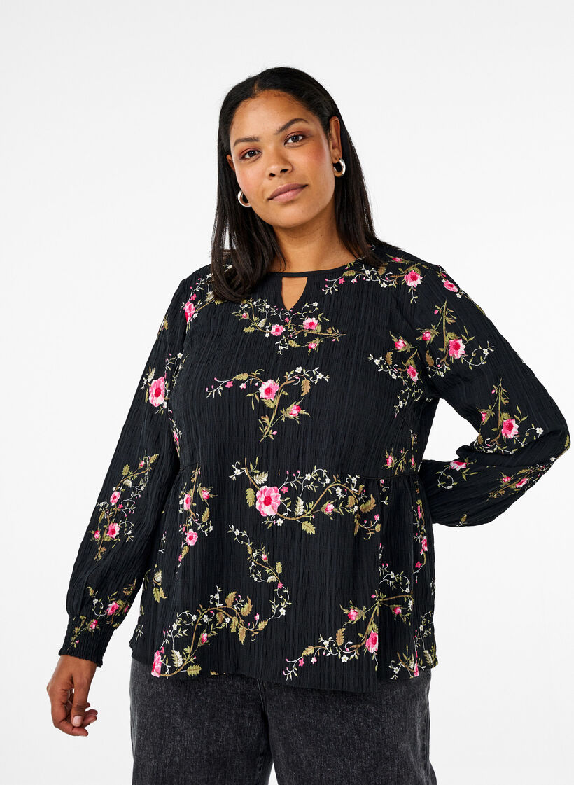 Langærmet bluse med blomsterprint, Sort, Model image number 0