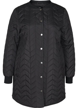 Lang quiltet jakke med knaplukning, Black, Packshot image number 0