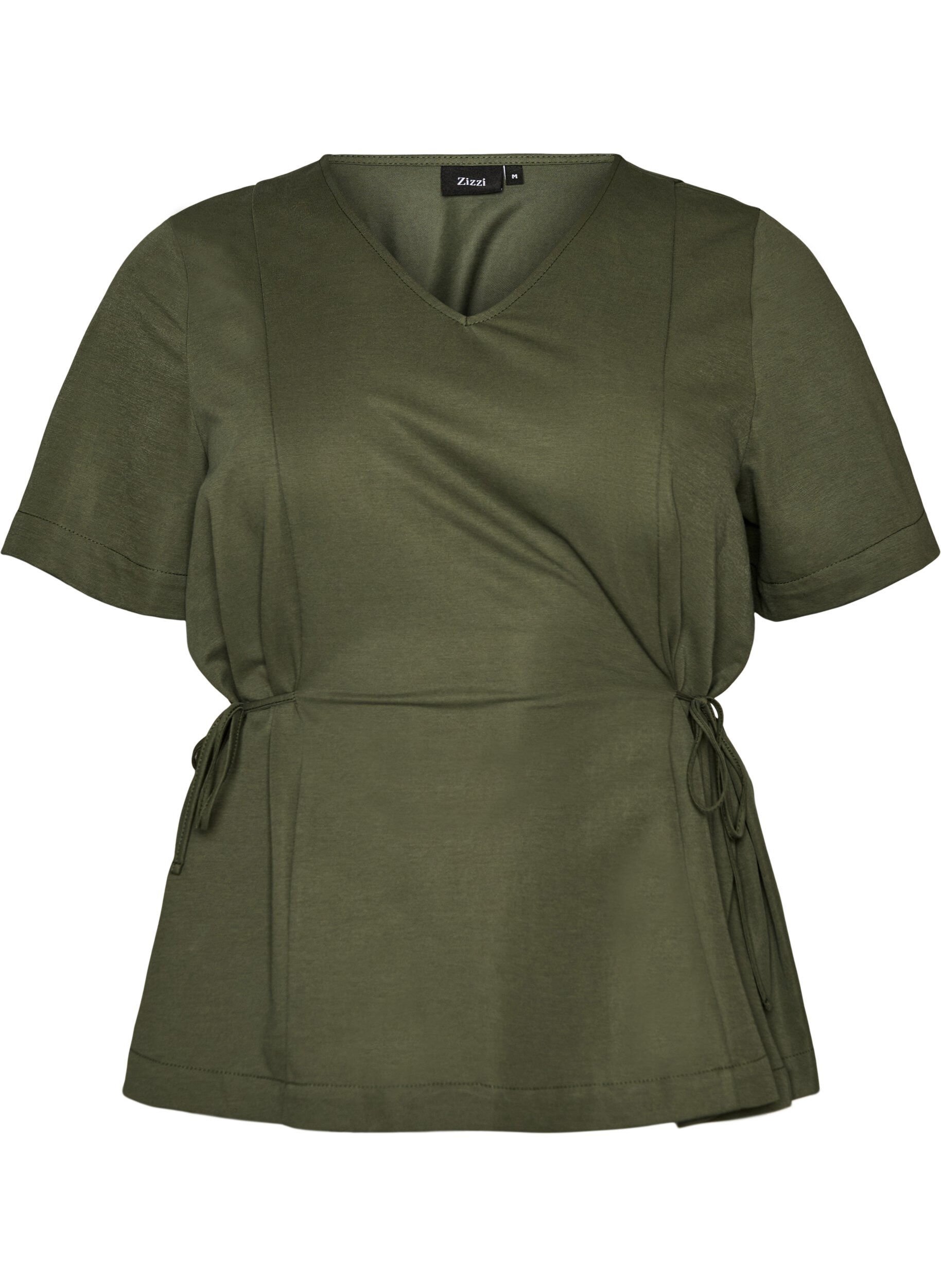 ZizziBluse i bomuldsblanding med V-hals og bindeb&aring;nd, Gr&oslash;n, Packshot image number 0