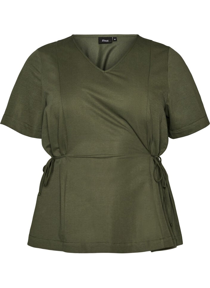 Bluse i bomuldsblanding med V-hals og bindeb&aring;nd, Gr&oslash;n, Packshot image number 0