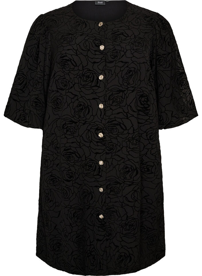 Kort kjole med rosenm&oslash;nster og knapper, Sort, Packshot image number 0