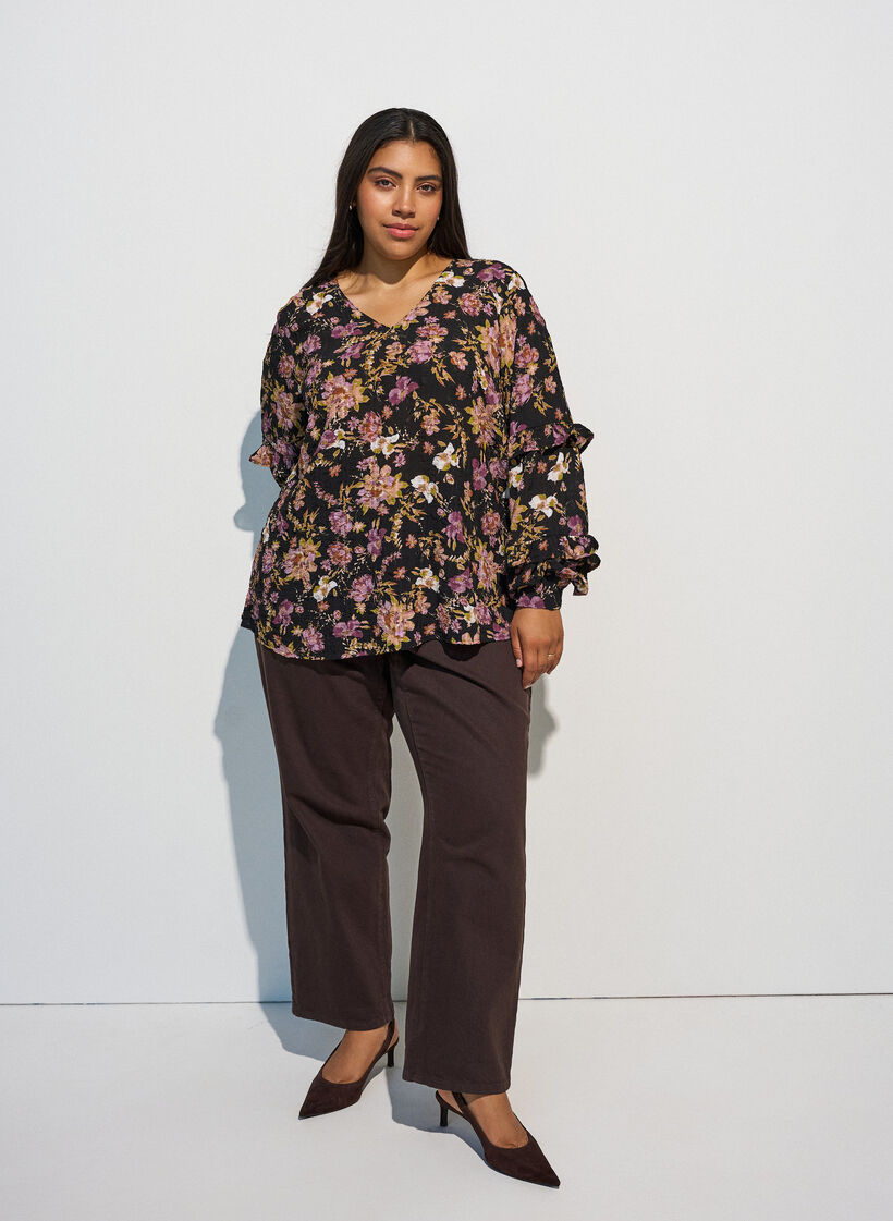 Bluse med blomsterprint og fl&aelig;sedetaljer, Sort, Model image number 1