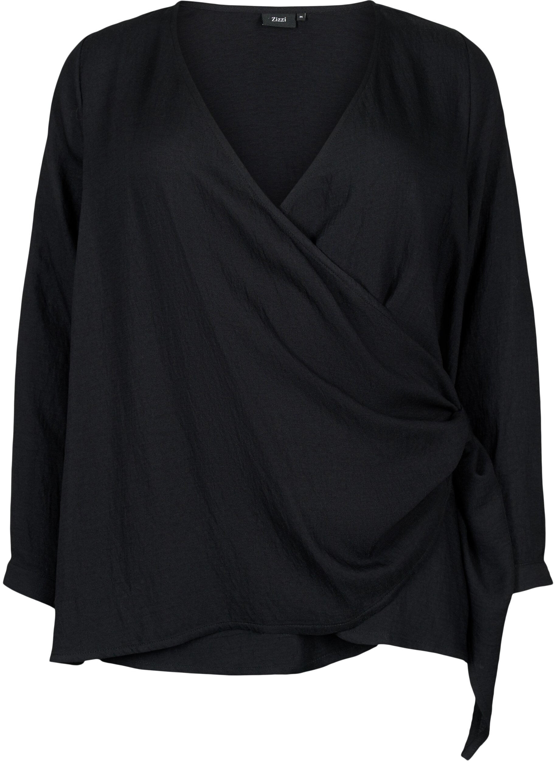 Zizzi Lang&aelig;rmet bluse i viskose med wrap-look, Black, Packshot image number 0