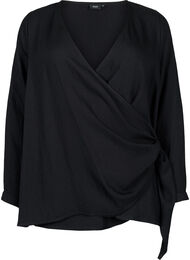 Langærmet bluse i viskose med wrap-look, Black