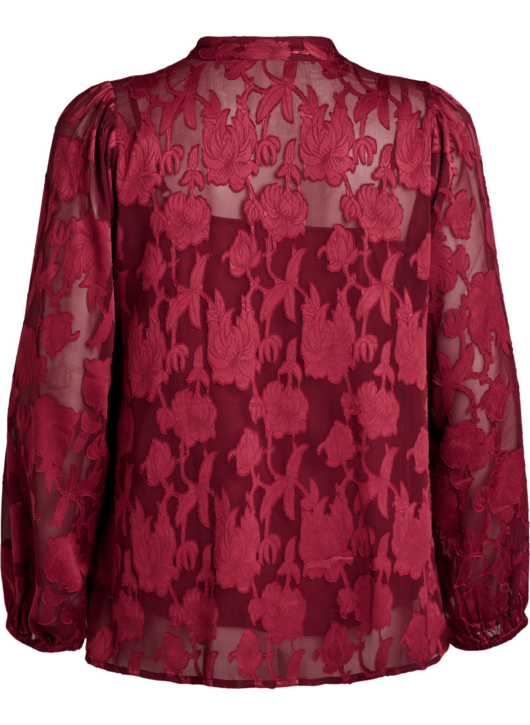 Zizzi Bluse med knapper og blomsterm&oslash;nster, M&oslash;rk Bordeaux, Packshot image number 1