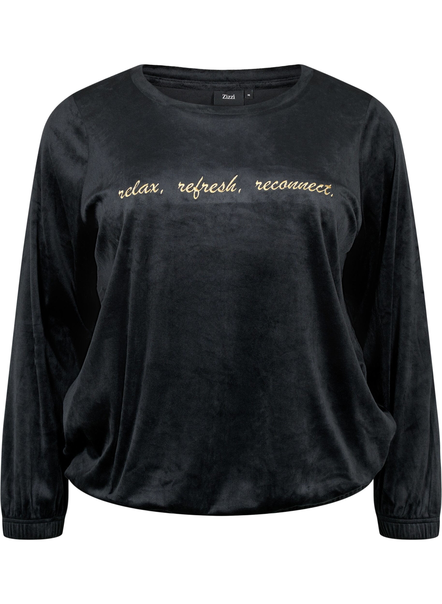 Zizzi Bluse i velour med broderet tekst, Black, Packshot image number 0