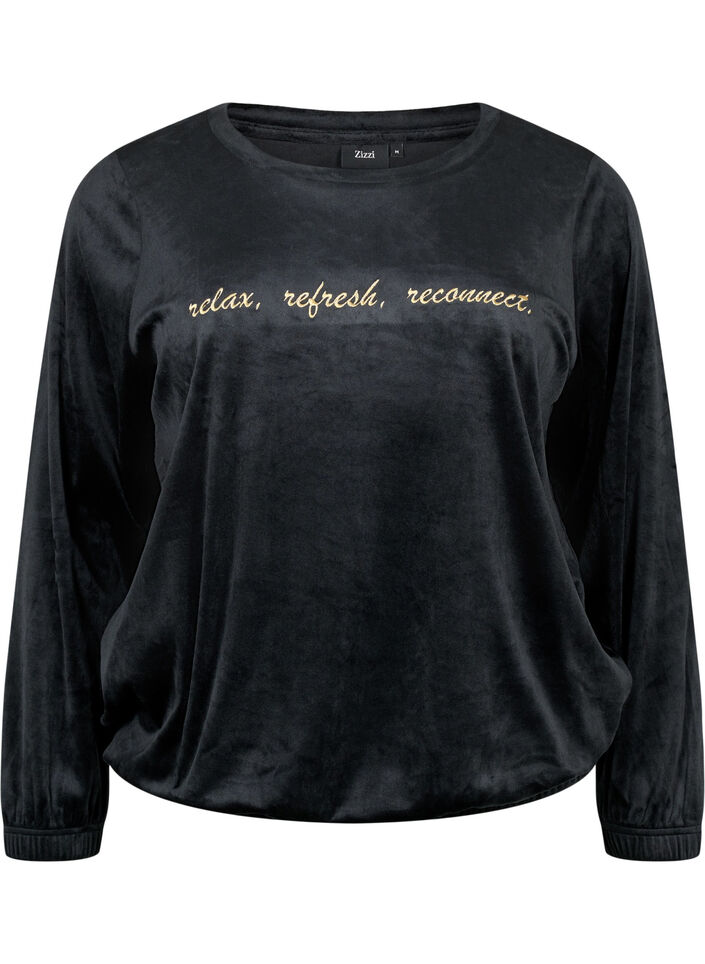 Bluse i velour med broderet tekst, Black, Packshot image number 0