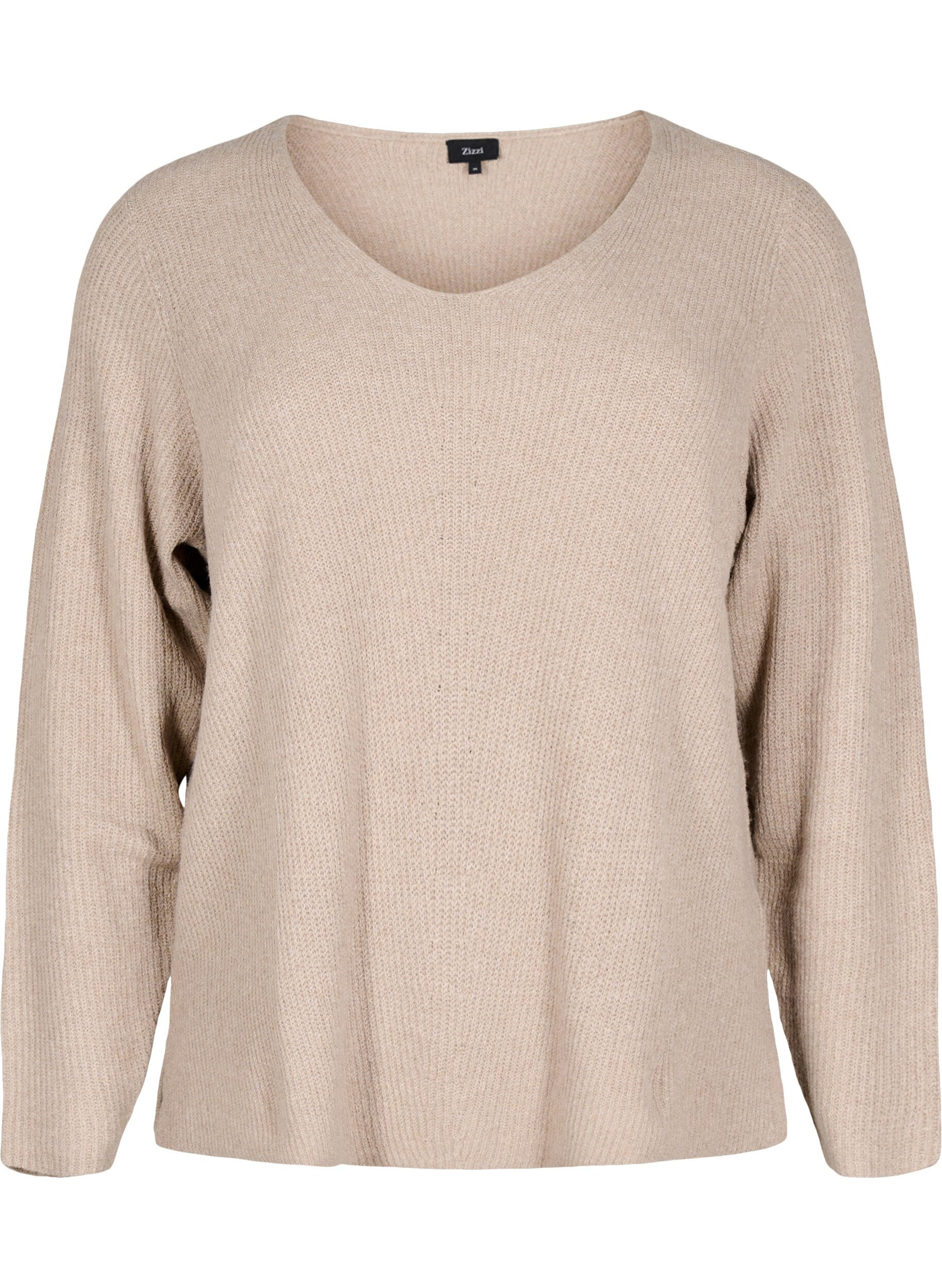 Zizzi Strikbluse med v-hals og lange &aelig;rmer, Simply T. White Mel., Packshot image number 0