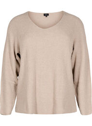 Strikbluse med v-hals og lange ærmer, Simply T. White Mel.