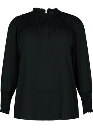 Langærmet bluse med smock , Black, Packshot image number 0