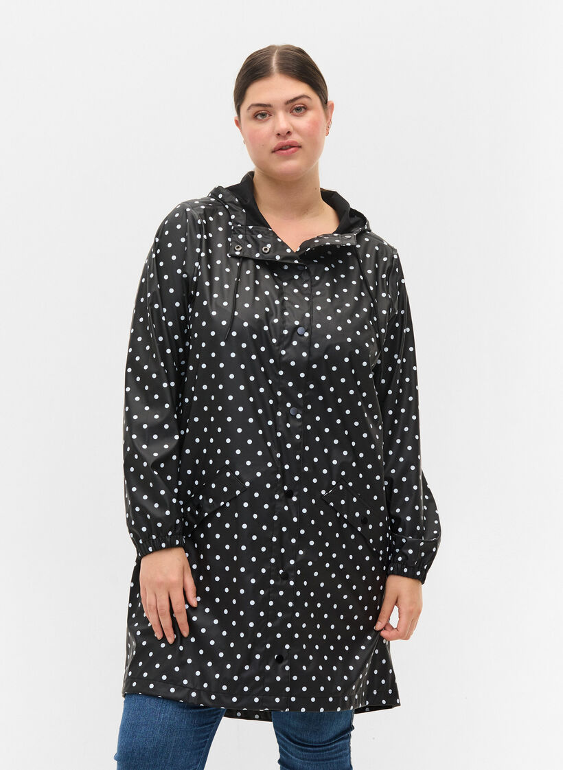 Prikket regnjakke med hætte, Black W/White Dot, Model image number 0