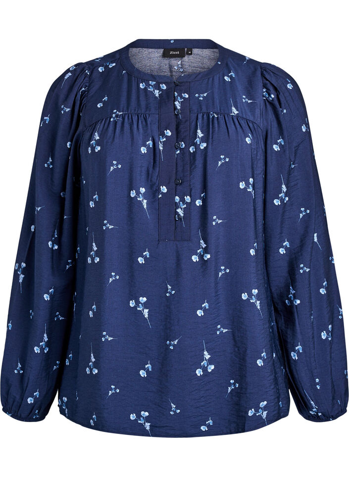Bluse med knaplukning og små blomster, Blå, Packshot image number 0