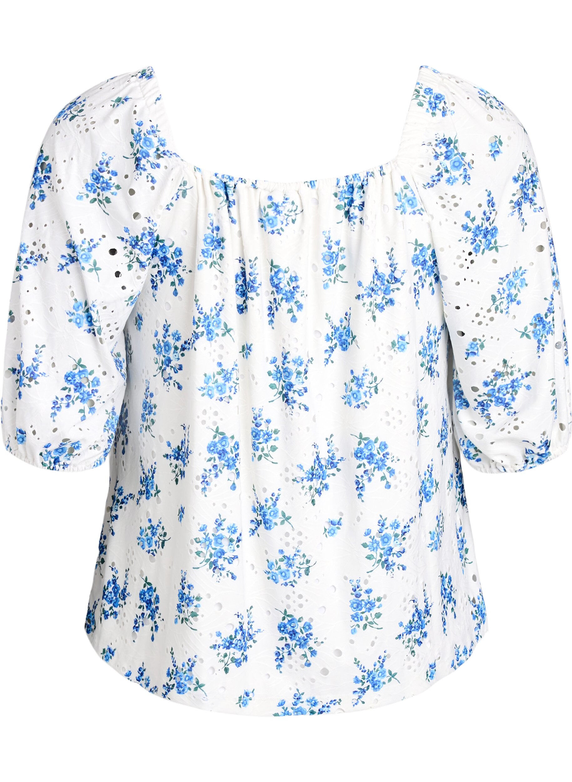 Zizzi Blomstret bluse med firkantet udsk&aelig;ring og hulm&oslash;nster, Hvid, Packshot image number 1