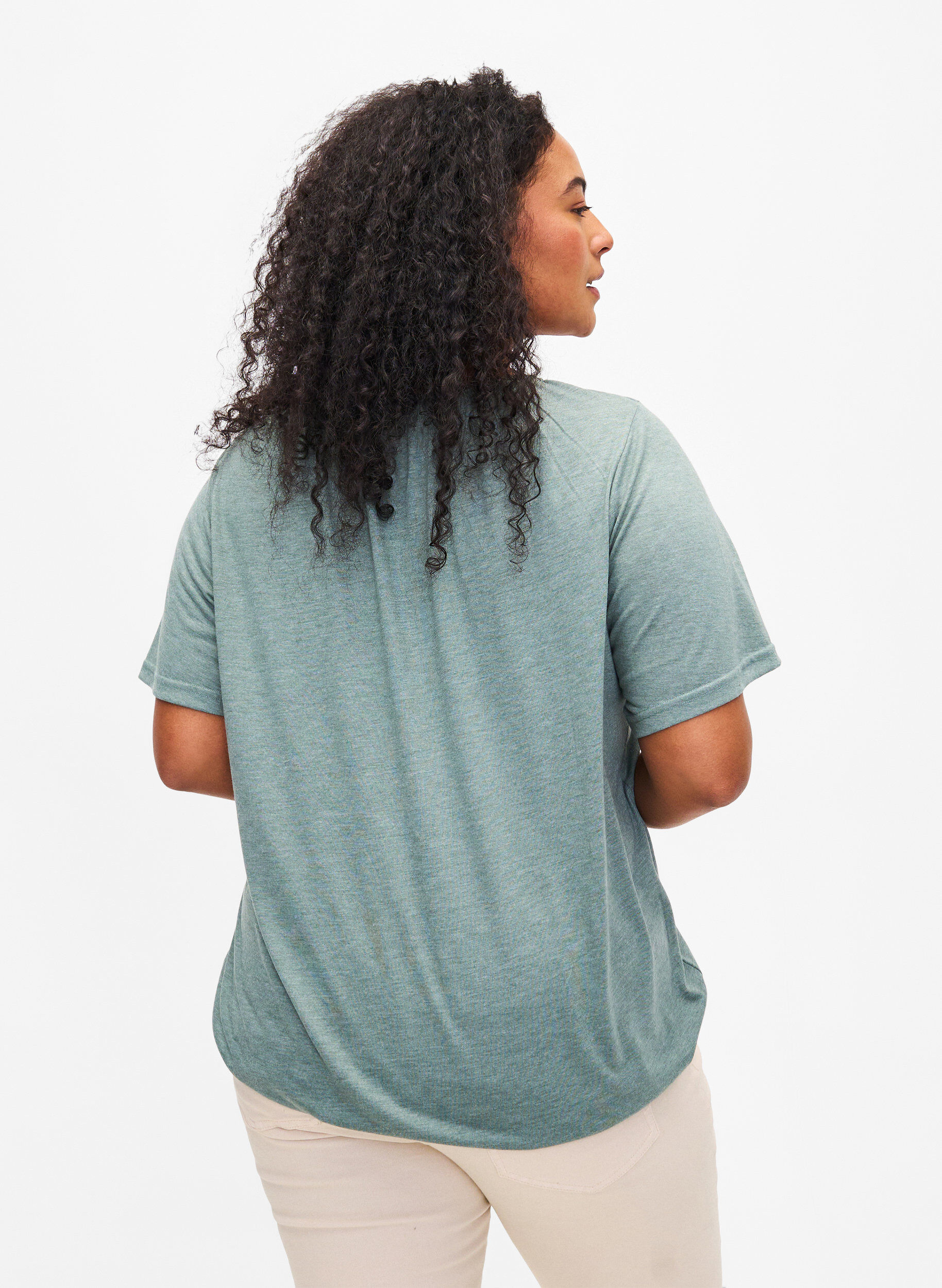 Zizzi Meleret bluse med korte &aelig;rmer, Chinois Green Mel., Model image number 1