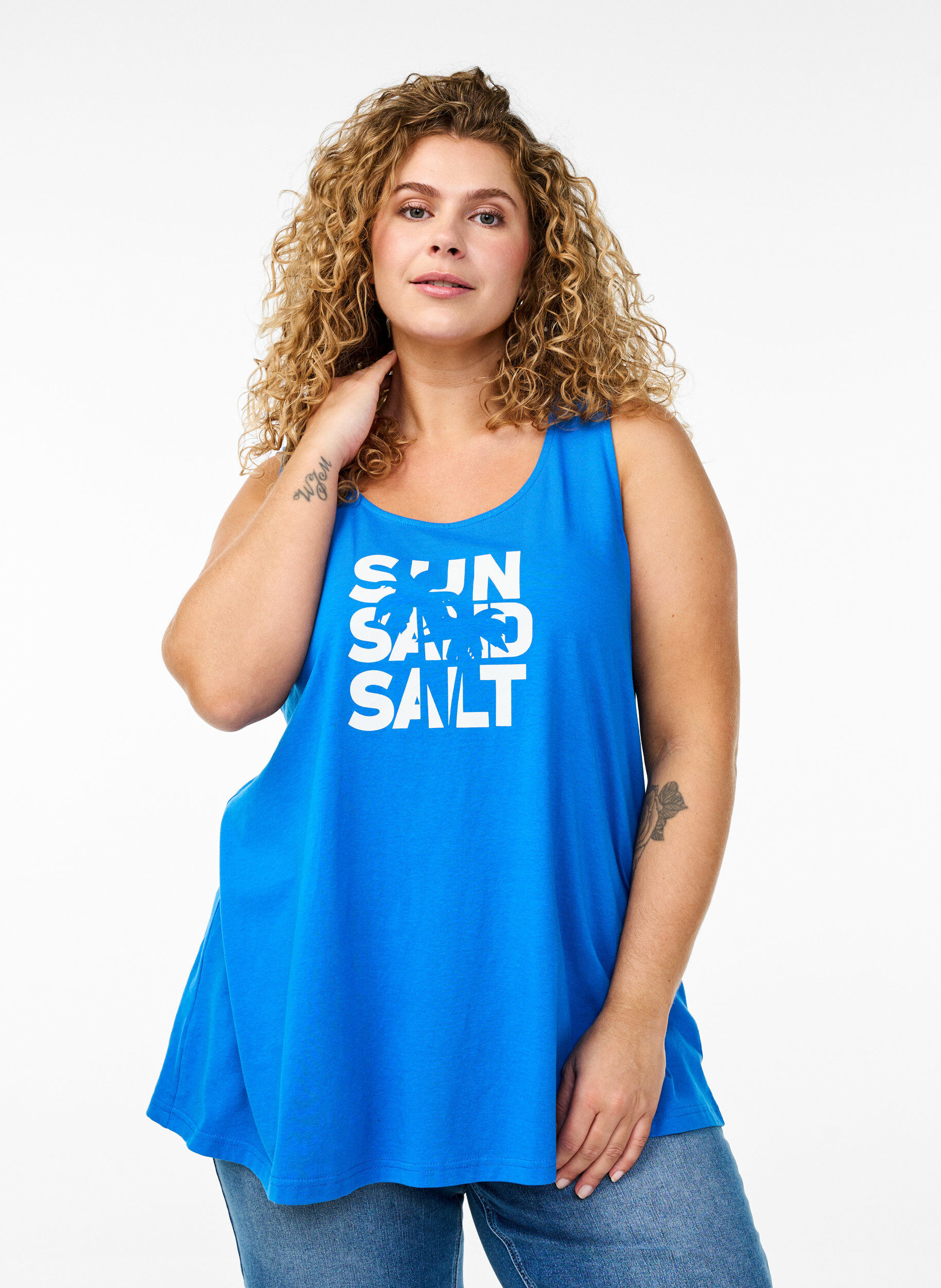 Zizzi Bomuldstop med a-form, Bl&aring;, Model image number 0