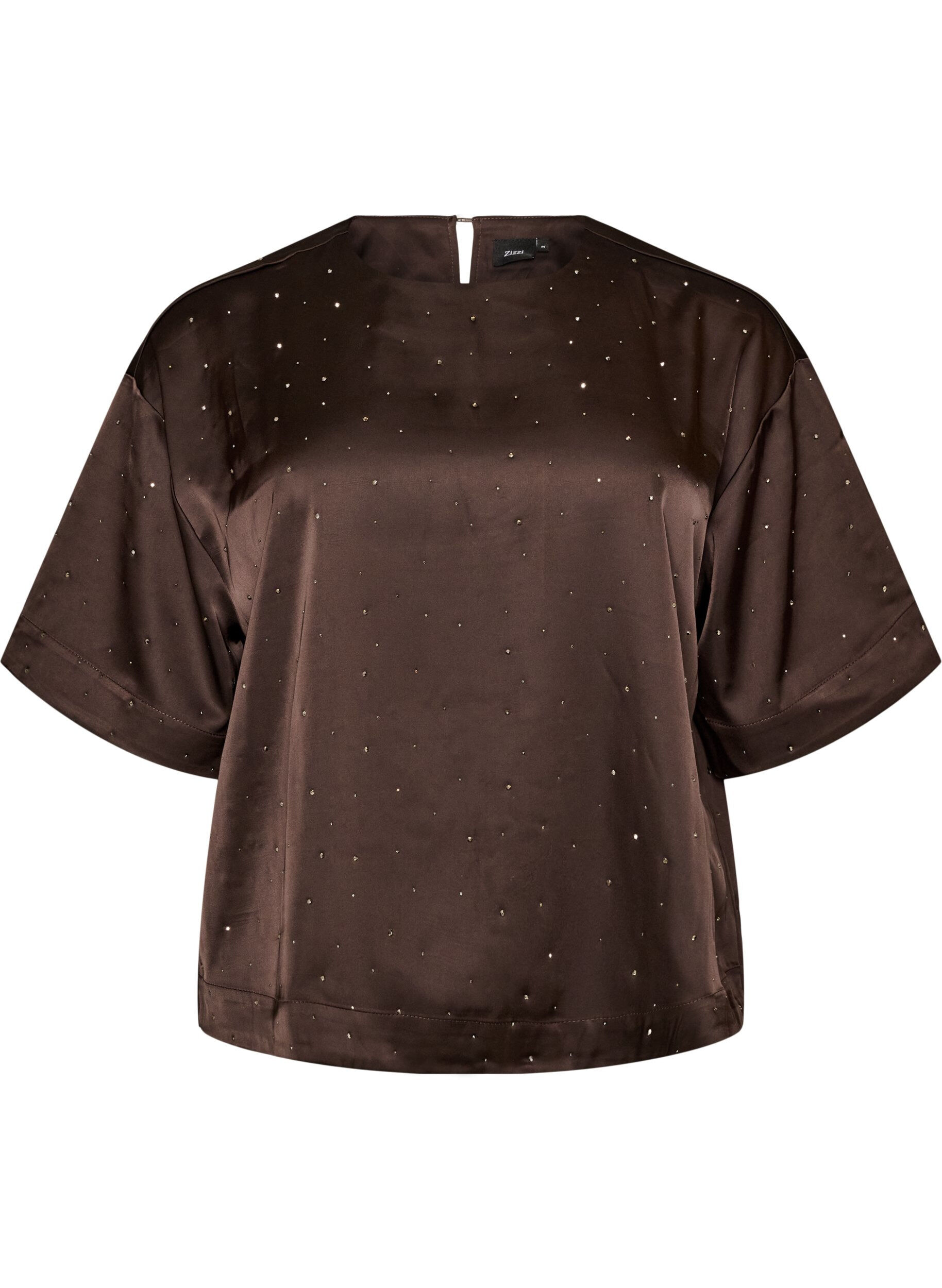 ZizziSatinbluse med rhinsten og albuelange &aelig;rmer, Brun, Packshot image number 0
