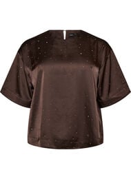 Satinbluse med rhinsten og albuelange &aelig;rmer, Brun