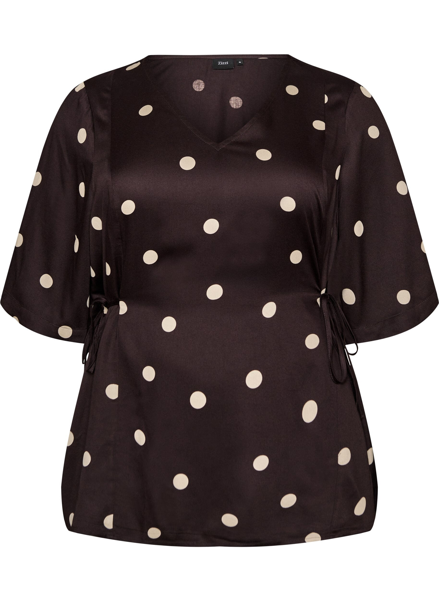 ZizziPrikket viskosebluse med V-udsk&aelig;ring og bindeb&aring;nd, Brun, Packshot image number 0