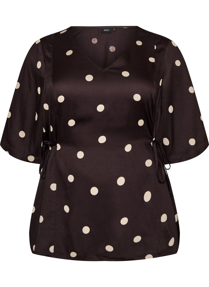 Prikket viskosebluse med V-udsk&aelig;ring og bindeb&aring;nd, Brun, Packshot image number 0